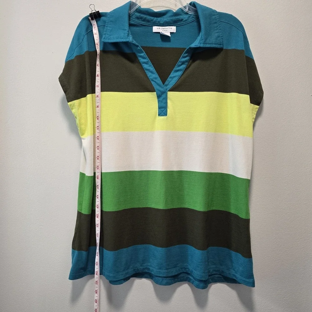 Liz Claiborne Women's Large Polo Shirt Multicolor Striped Cap Sleeve Cotton Knit